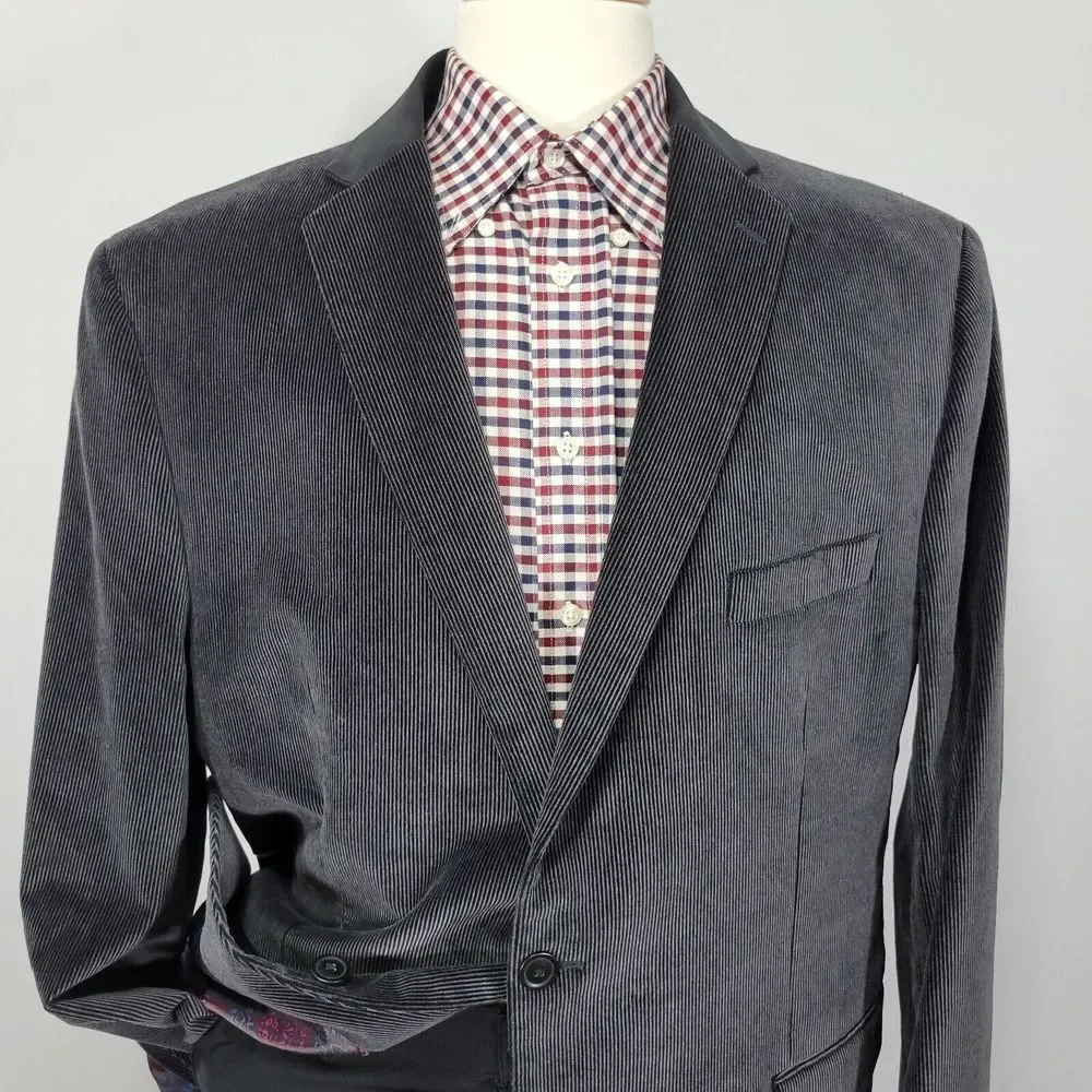 Van Heusen Studio Men's Sport Coat Blazer Two Button DK Gray Corduroy Cotton 48R